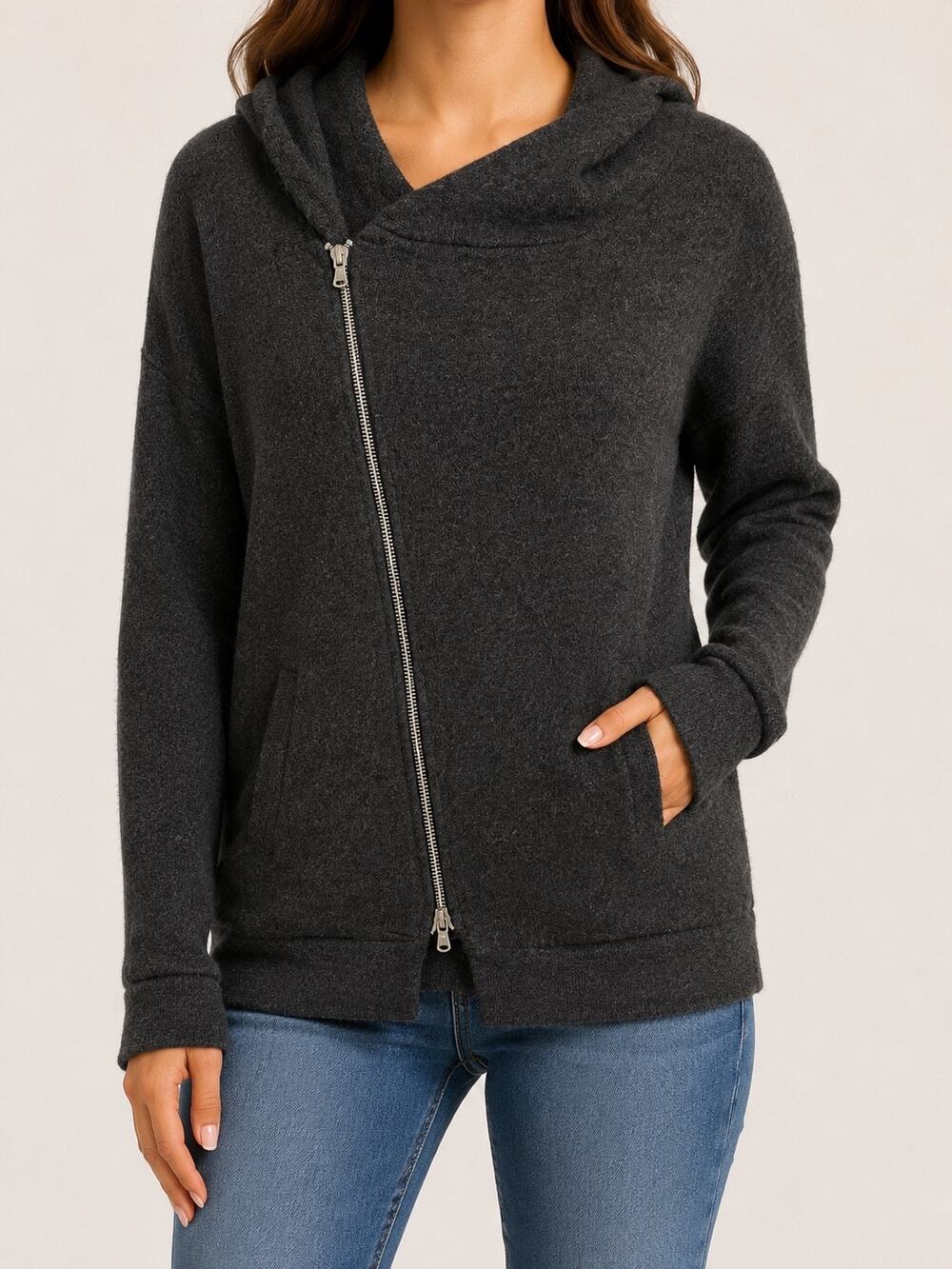 Imperial Used Couture Dark Gray Hooded Asymmetrical Zipper Long Sleeve Sweater M